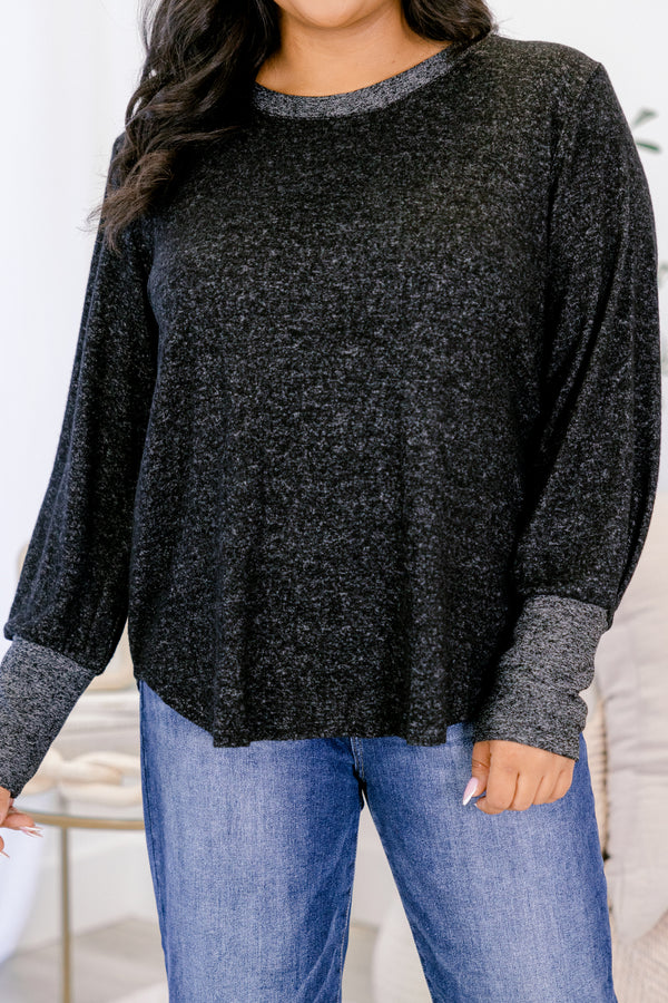 Chic Soul plus size clothing, heather black and grey long sleeve scoop neck top with dark grey trim around the neckline and dark grey cuffs on the sleeves