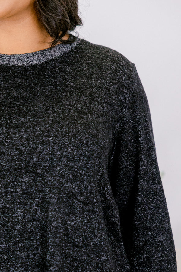 Chic Soul plus size clothing, heather black and grey long sleeve scoop neck top with dark grey trim around the neckline and dark grey cuffs on the sleeves