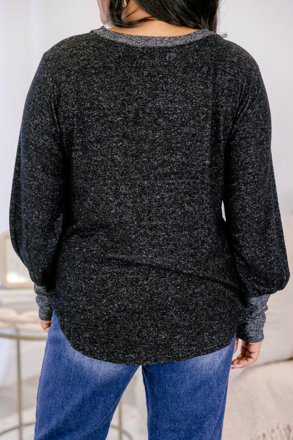 Chic Soul plus size clothing, heather black and grey long sleeve scoop neck top with dark grey trim around the neckline and dark grey cuffs on the sleeves