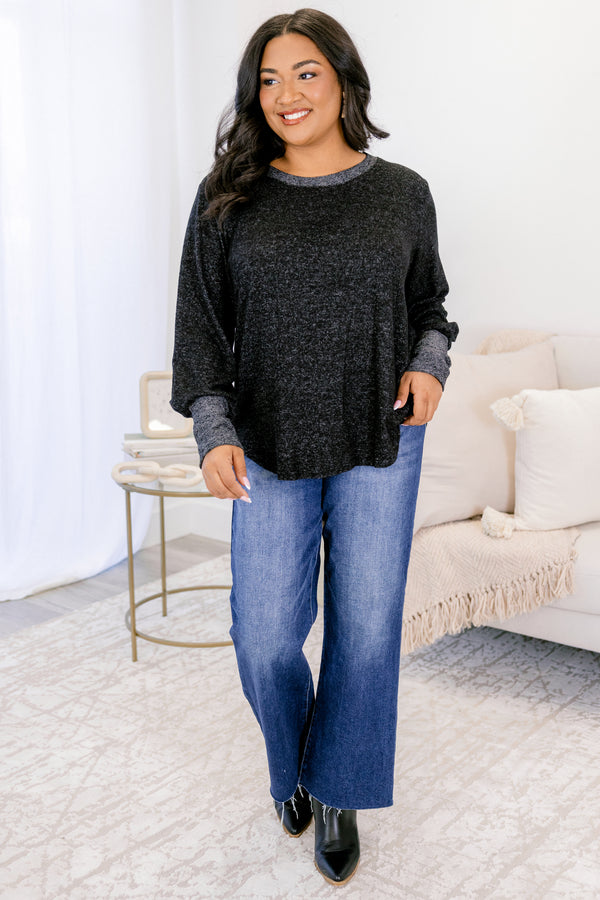 Chic Soul plus size clothing, heather black and grey long sleeve scoop neck top with dark grey trim around the neckline and dark grey cuffs on the sleeves