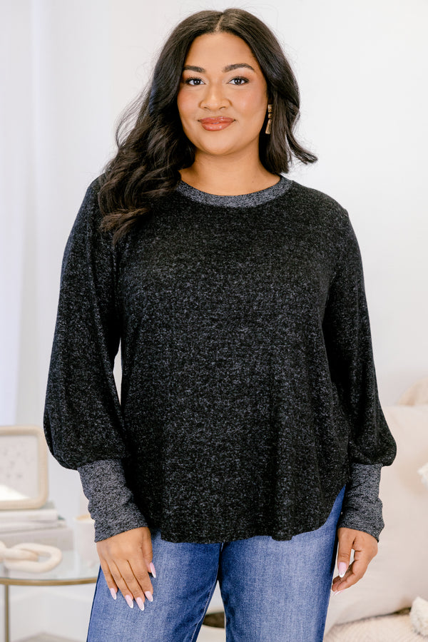 Chic Soul plus size clothing, heather black and grey long sleeve scoop neck top with dark grey trim around the neckline and dark grey cuffs on the sleeves