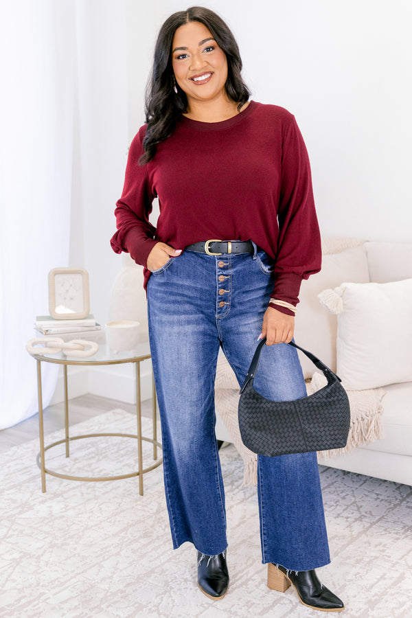 Chic Soul plus size clothing, merlot red long sleeve scoop neckline and hem top with sleeves being tighter around the wrist