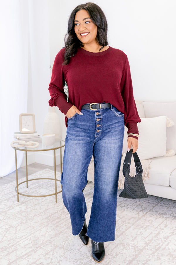Chic Soul plus size clothing, merlot red long sleeve scoop neckline and hem top with sleeves being tighter around the wrist