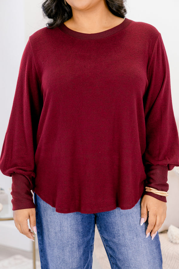Chic Soul plus size clothing, merlot red long sleeve scoop neckline and hem top with sleeves being tighter around the wrist