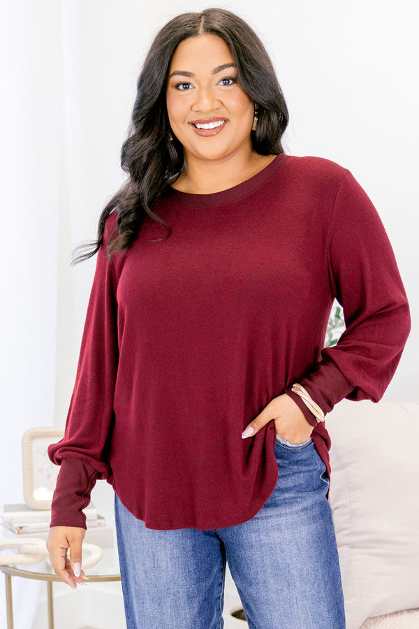Chic Soul plus size clothing, merlot red long sleeve scoop neckline and hem top with sleeves being tighter around the wrist