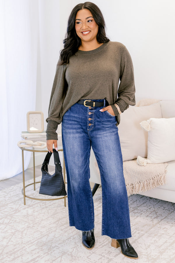 Chic Soul plus size clothing, heather olive green long sleeve crew neck scoop hem top