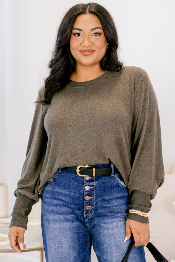 Chic Soul plus size clothing, heather olive green long sleeve crew neck scoop hem top