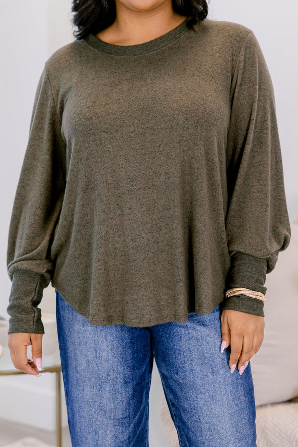Chic Soul plus size clothing, heather olive green long sleeve crew neck scoop hem top