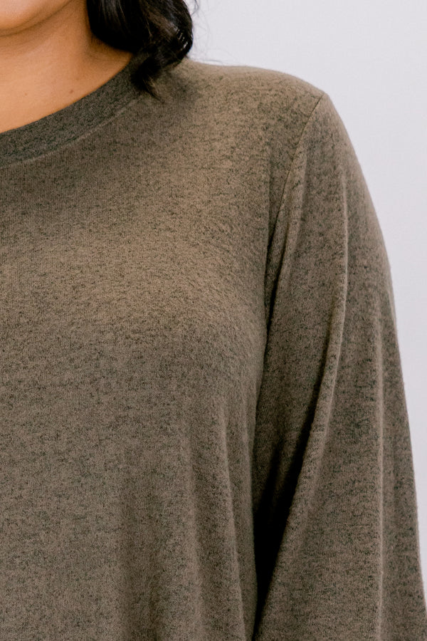 Chic Soul plus size clothing, heather olive green long sleeve crew neck scoop hem top