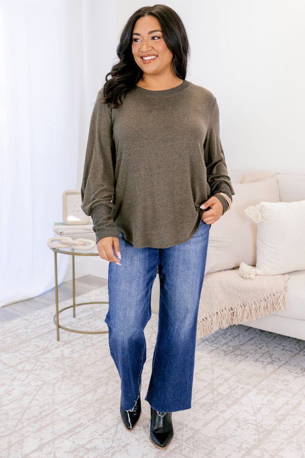 Chic Soul plus size clothing, heather olive green long sleeve crew neck scoop hem top