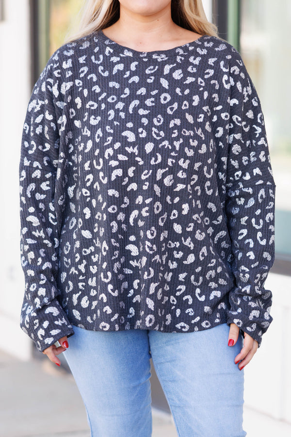 Chic Soul plus size clothing, charcoal leopard pattern thermal texture long sleeve tee
