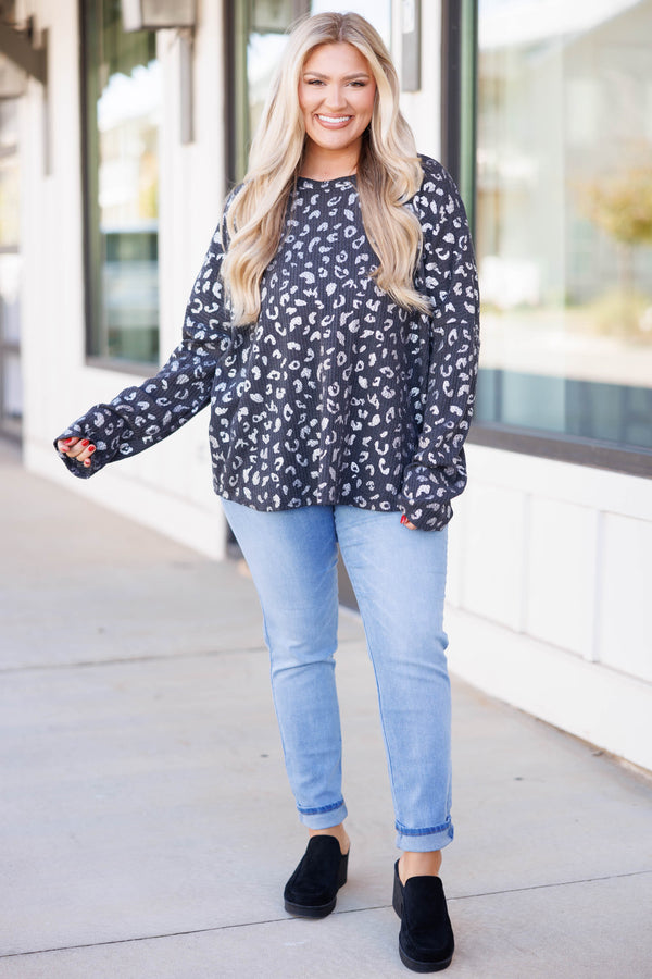 Chic Soul plus size clothing, charcoal leopard pattern thermal texture long sleeve tee