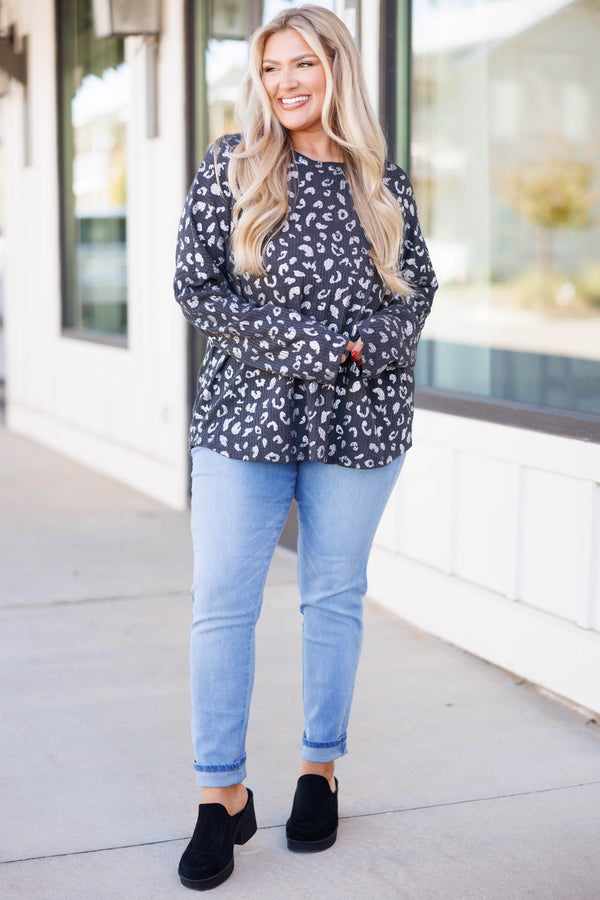 Chic Soul plus size clothing, charcoal leopard pattern thermal texture long sleeve tee