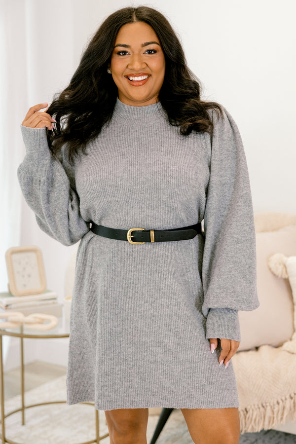 Chic Soul plus size clothing, gray mock neck long sleeve short straight cut sweater dress