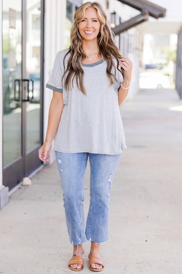 Chic Soul plus size clothing, heather grey short sleeve top with round neckline with black and white striped trim along sleeves and neckline
