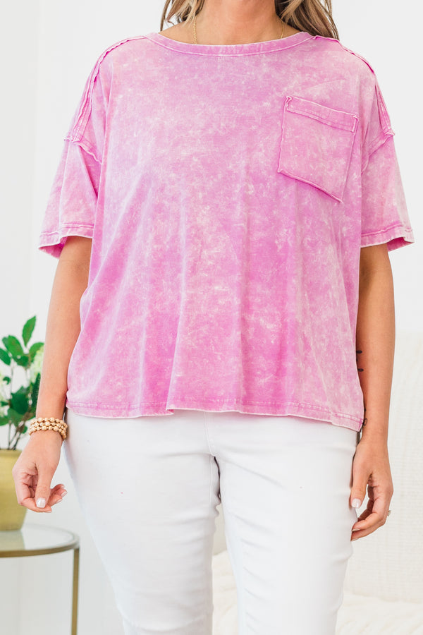 Chic Soul plus size clothing, short-sleeve mauve pink acid wash top with a high-scoop-neckline and a pocket on the bodice 