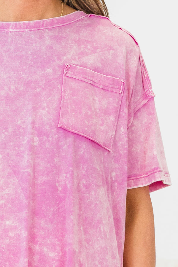 Chic Soul plus size clothing, short-sleeve mauve pink acid wash top with a high-scoop-neckline and a pocket on the bodice 