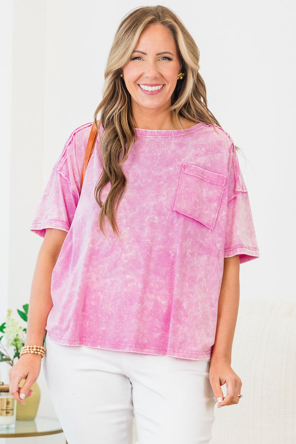 Chic Soul plus size clothing, short-sleeve mauve pink acid wash top with a high-scoop-neckline and a pocket on the bodice 