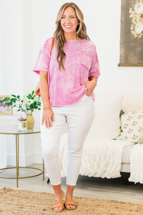 Chic Soul plus size clothing, short-sleeve mauve pink acid wash top with a high-scoop-neckline and a pocket on the bodice 