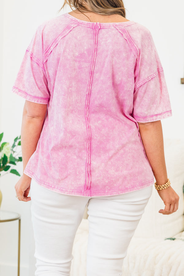 Chic Soul plus size clothing, short-sleeve mauve pink acid wash top with a high-scoop-neckline and a pocket on the bodice 