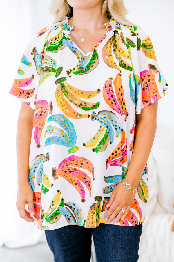 Chic Soul plus size clothing, ivory short sleeve multi color banana top with v neckline