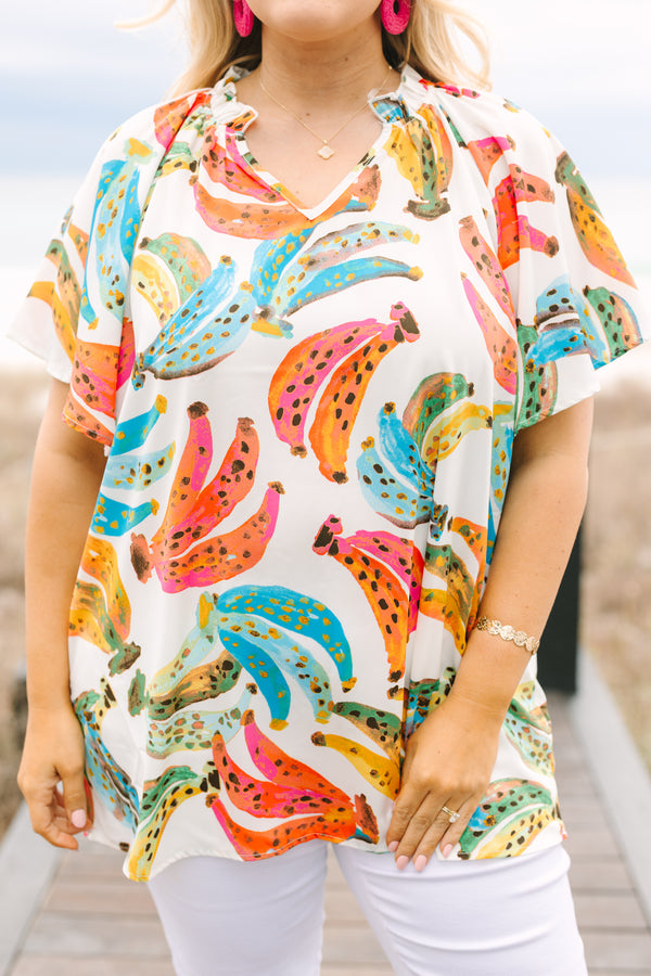 Chic Soul plus size clothing, ivory short sleeve multi color banana top with v neckline