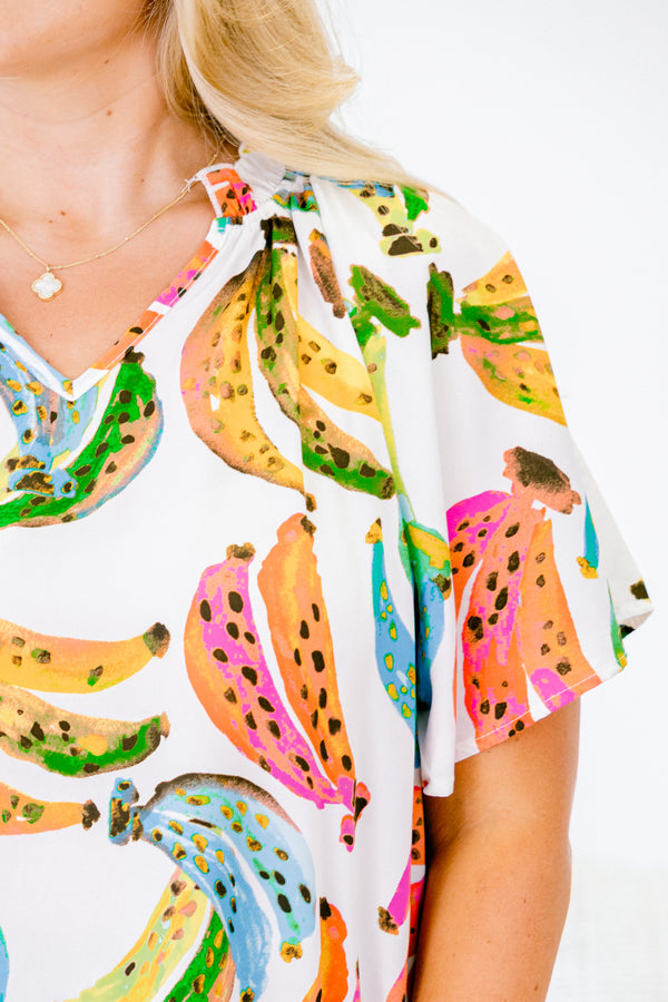 Chic Soul plus size clothing, ivory short sleeve multi color banana top with v neckline