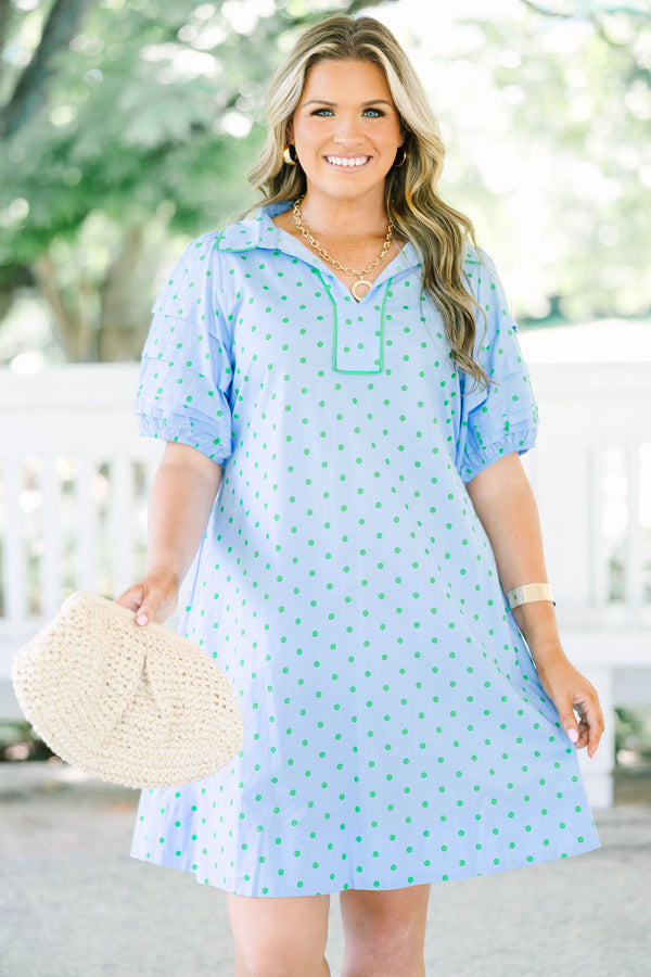 Plus Size light blue shift dress with green polka dots, tiered short sleeves, and a collared V-neck.