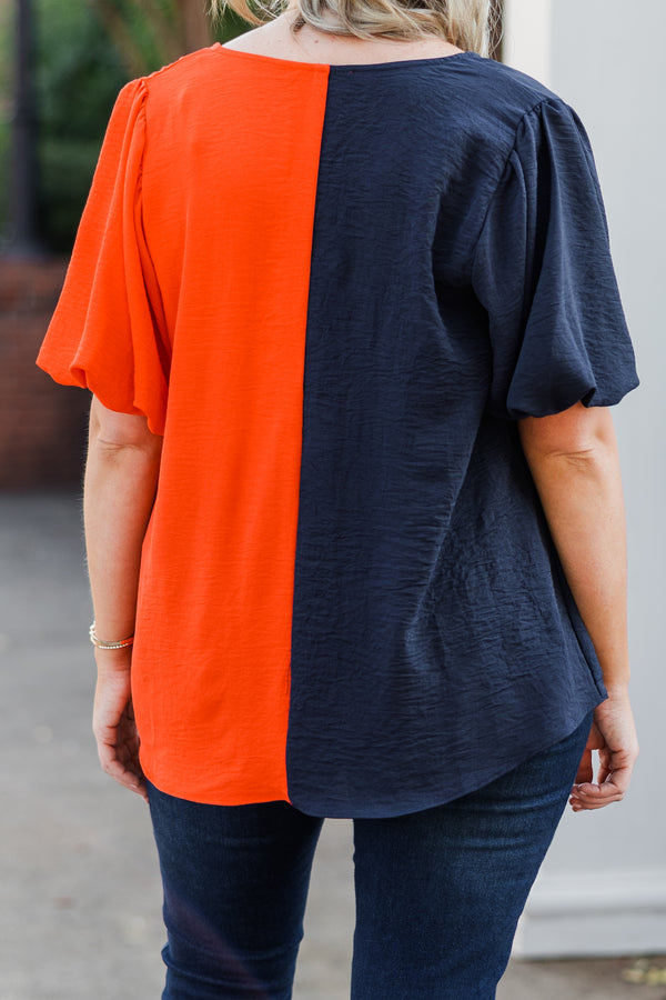 Chic Soul plus size clothing, navy-orange split short sleeve top with puff sleeves and v neckline