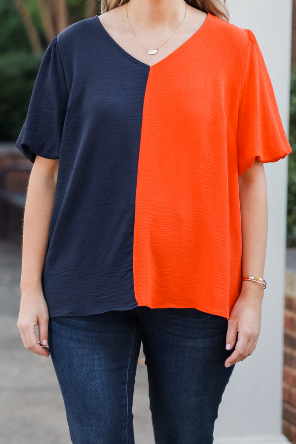 Chic Soul plus size clothing, navy-orange split short sleeve top with puff sleeves and v neckline