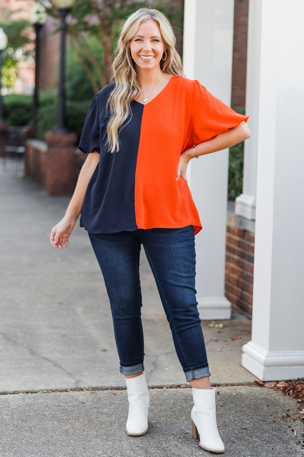 Chic Soul plus size clothing, navy-orange split short sleeve top with puff sleeves and v neckline