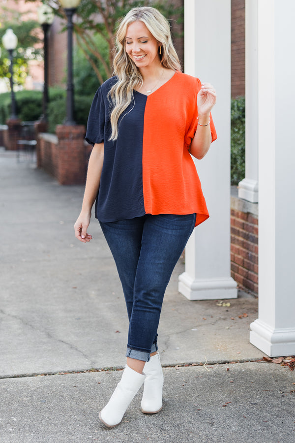 Chic Soul plus size clothing, navy-orange split short sleeve top with puff sleeves and v neckline
