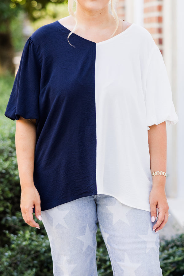Chic Soul plus size clothing, navy-white split short sleeve top with puff sleeves and v neckline