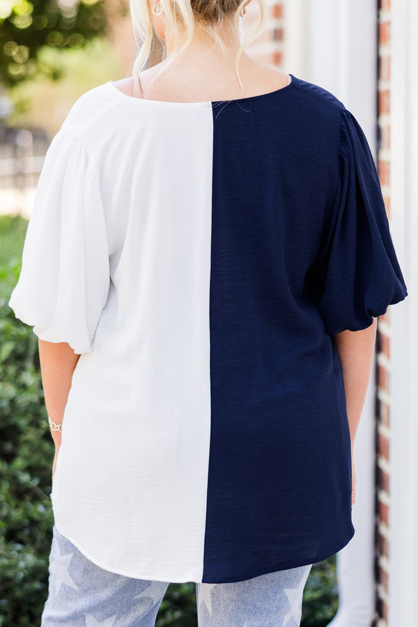 Chic Soul plus size clothing, navy-white split short sleeve top with puff sleeves and v neckline