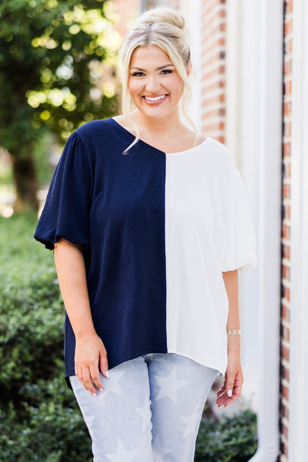 Chic Soul plus size clothing, navy-white split short sleeve top with puff sleeves and v neckline