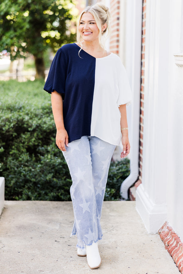 Chic Soul plus size clothing, navy-white split short sleeve top with puff sleeves and v neckline