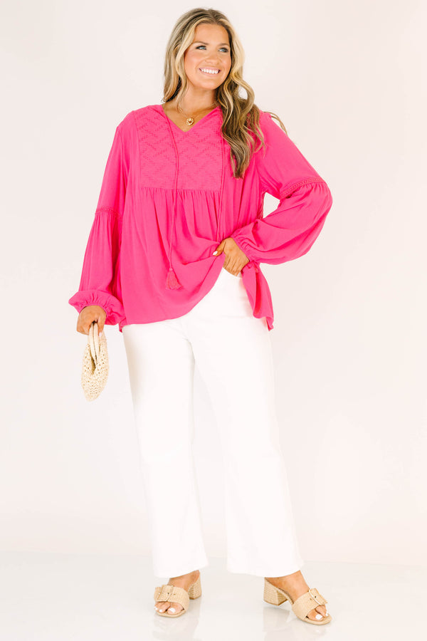 Chic Soul plus size clothing, hot pink long sleeve top with elastic sleeve cuffs