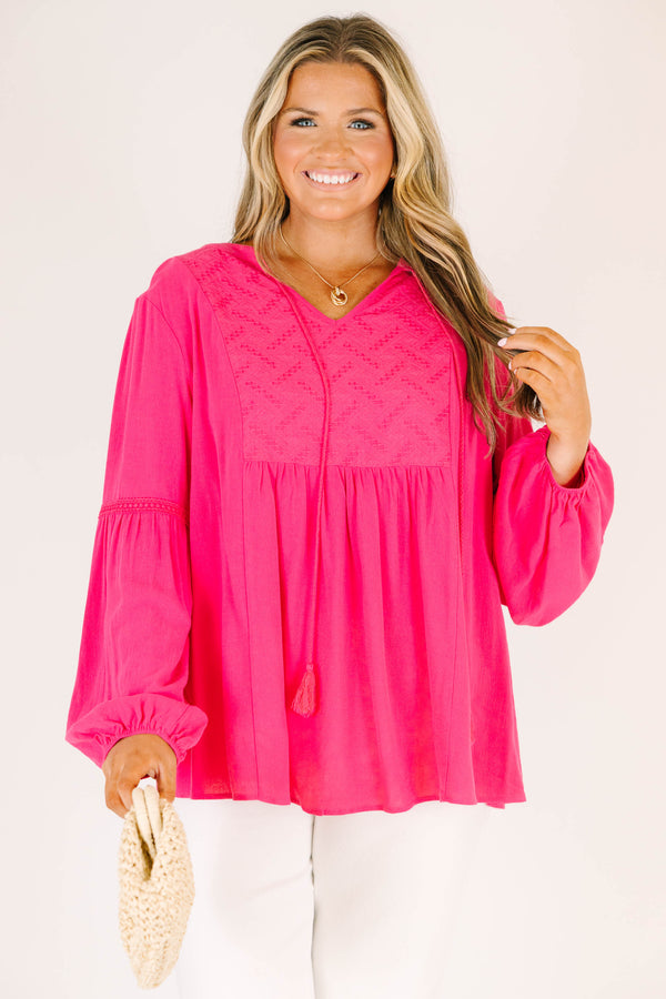 Chic Soul plus size clothing, hot pink long sleeve top with elastic sleeve cuffs