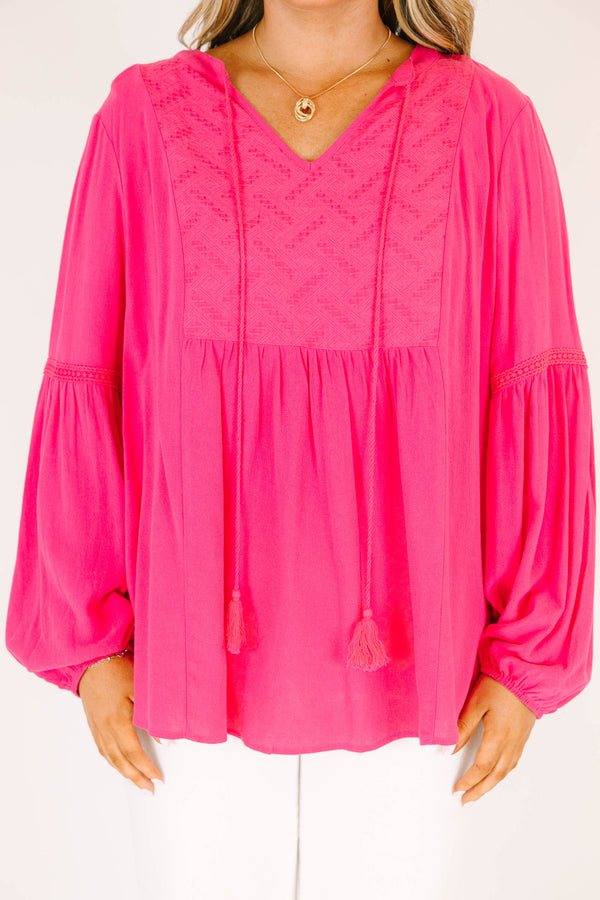 Chic Soul plus size clothing, hot pink long sleeve top with elastic sleeve cuffs