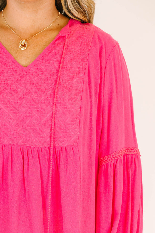 Chic Soul plus size clothing, hot pink long sleeve top with elastic sleeve cuffs