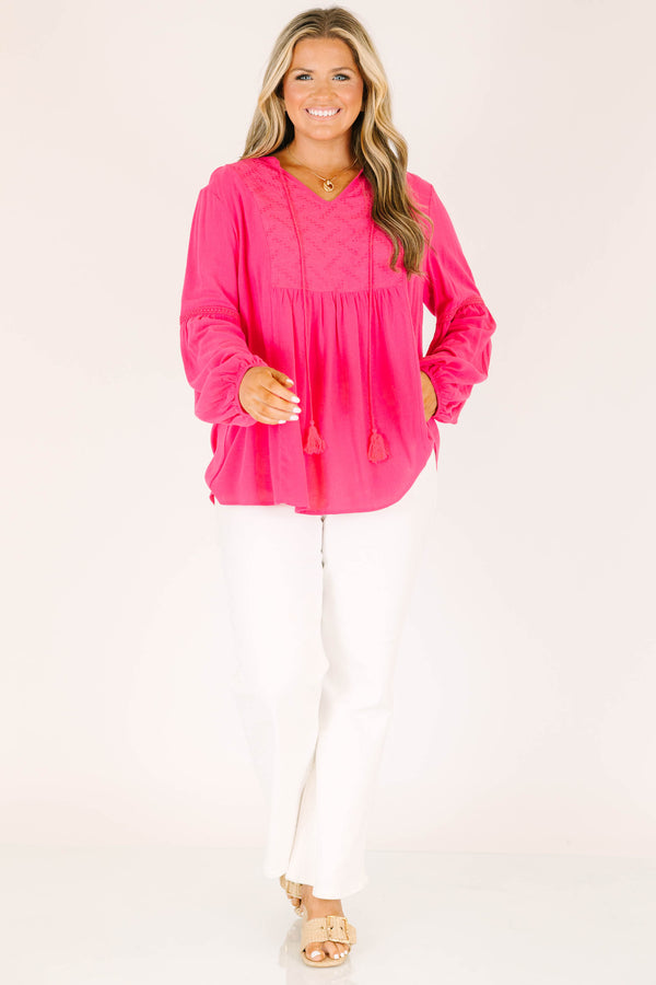 Chic Soul plus size clothing, hot pink long sleeve top with elastic sleeve cuffs
