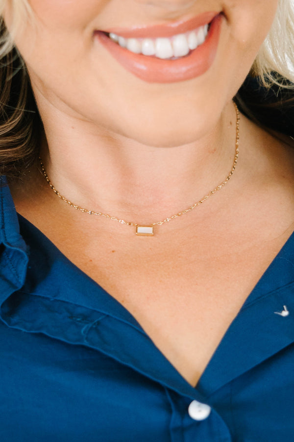Plus Size gold necklace with a rectangular mother of pearl inlay on a delicate chain.