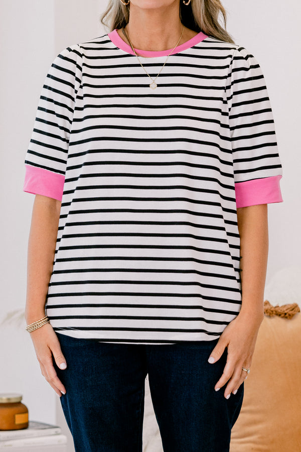 Chic Soul plus size clothing, black stiped short sleeve top with a pink cuff at the end of each sleeve and along the neckline 