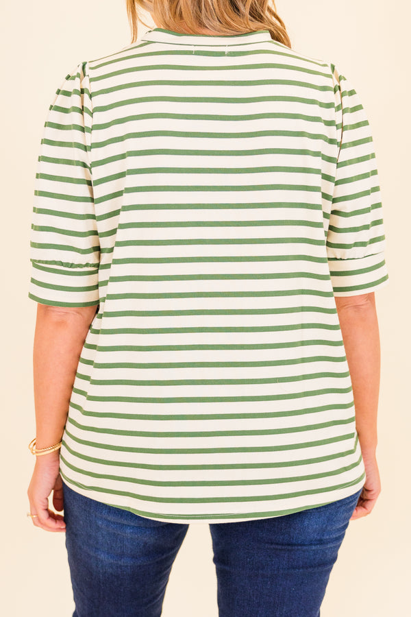 Chic Soul plus size clothing, short-sleeve green-white striped top with puffed sleeves 