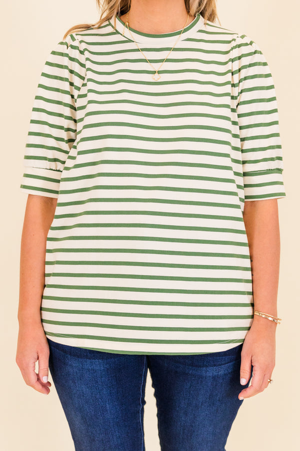 Chic Soul plus size clothing, short-sleeve green-white striped top with puffed sleeves 
