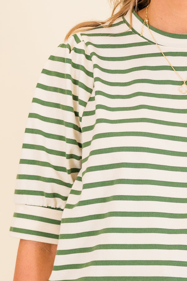Chic Soul plus size clothing, short-sleeve green-white striped top with puffed sleeves 