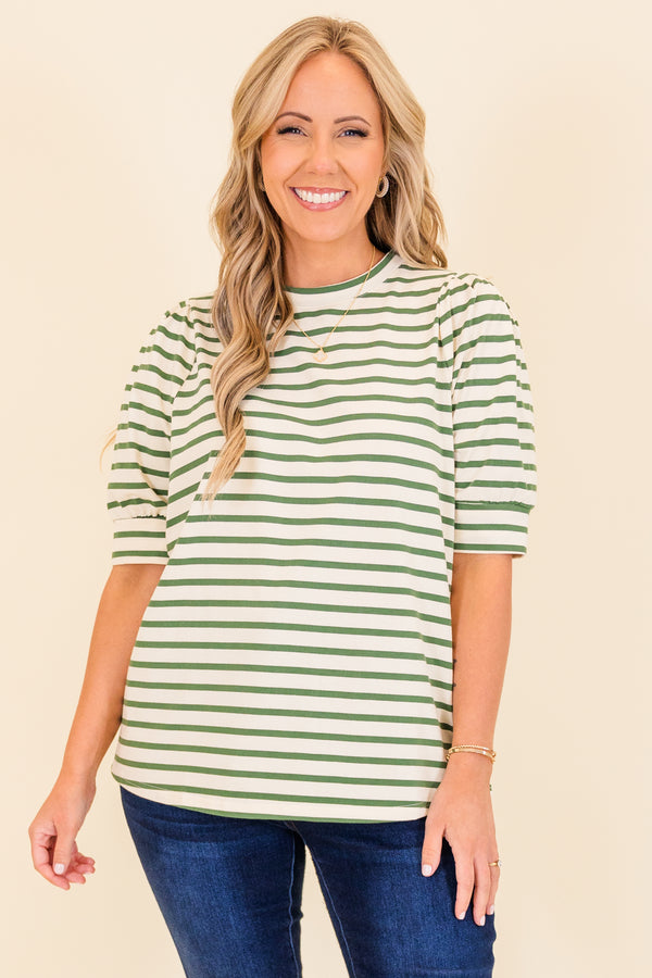 Chic Soul plus size clothing, short-sleeve green-white striped top with puffed sleeves 