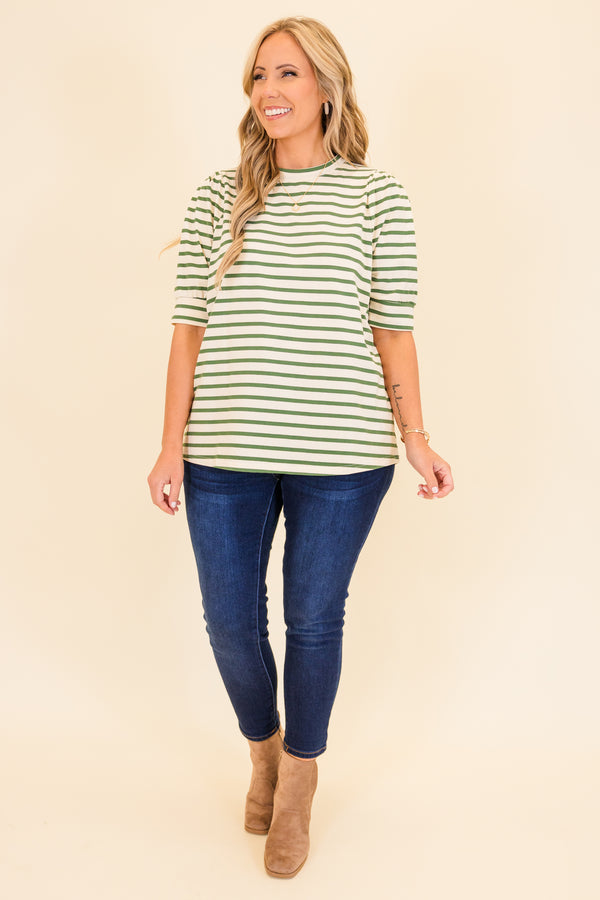 Chic Soul plus size clothing, short-sleeve green-white striped top with puffed sleeves 