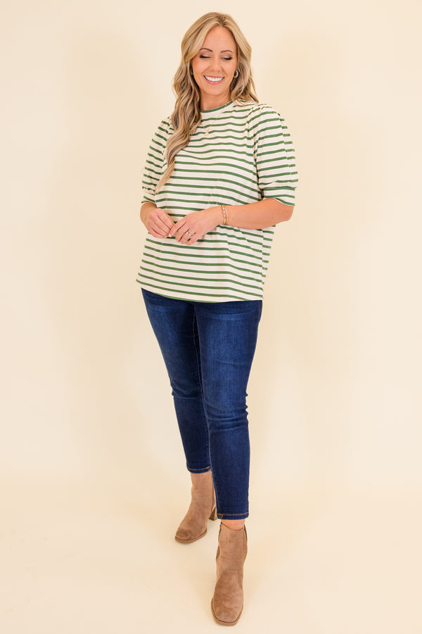Chic Soul plus size clothing, short-sleeve green-white striped top with puffed sleeves 