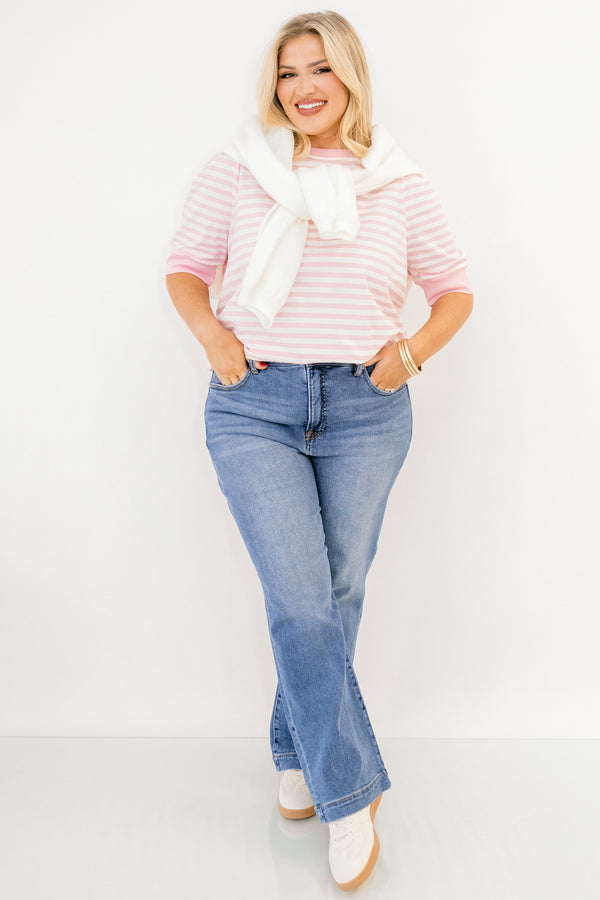 Chic Soul plus size clothing, pink-white stripe print top with short sleeves and round neckline with slight puff sleeve